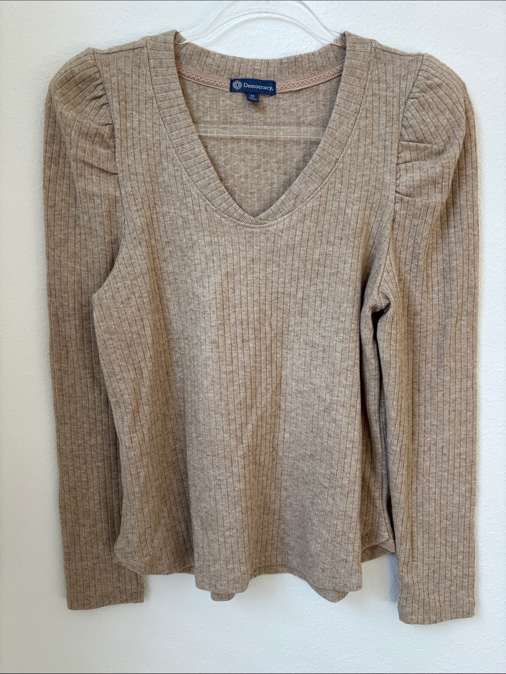 Democracy women’s knit Ribbed V-Neck Long Sleeve Sweater top with Puff Shoulders